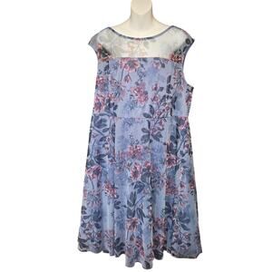 Candalite Womens 3X Knee Length Dress Sheer Mesh Overlay Blue Floral Cottegecore